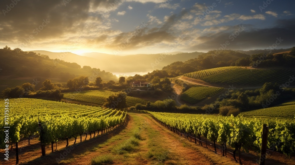 A morning view of a vineyard with rows of grapevines under the sunlight, displaying the serene and picturesque charm of a vineyard at daybreak - Generative AI