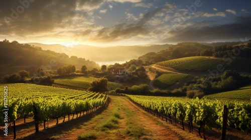 A morning view of a vineyard with rows of grapevines under the sunlight  displaying the serene and picturesque charm of a vineyard at daybreak - Generative AI