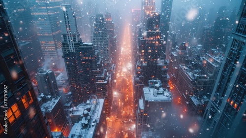 Frosty Urban Landscape, Long Shot of Skyscrapers with Frost-Covered Windows, Dawn Light Creating a Glittering Effect, Conveying the Cold Grip on the City