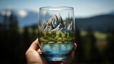 A mountain view with trees inside a glass of water  - Generative AI