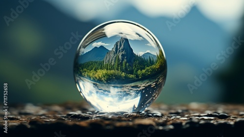 A mountain view with trees inside a water droplet - Generative AI