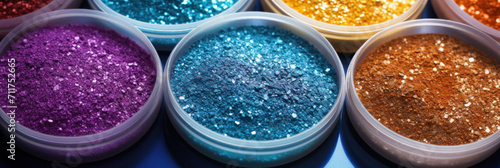 Top view of a jar with different colored glitter powder on the table.
