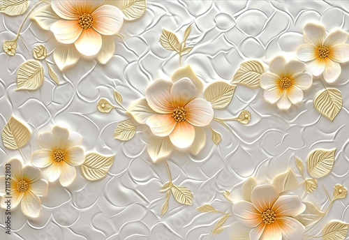 a white and gold wallpaper with yellow flowers on it, in the style of glass and ceramics, decorative backgrounds.