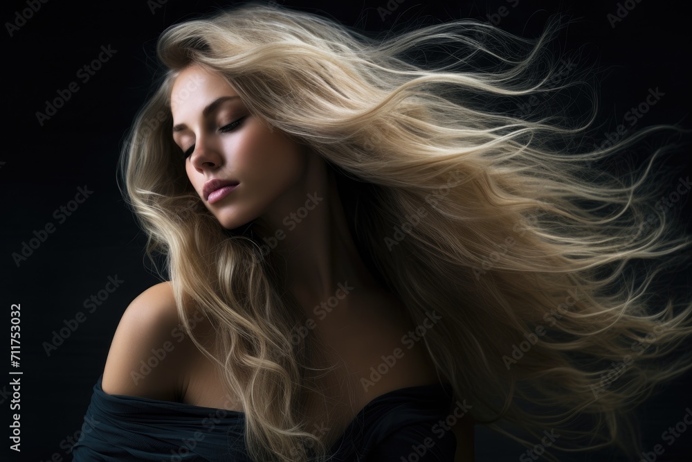 A woman with long blonde hair stands outside as her hair gracefully billows in the wind, Graceful woman with long blonde hair on dark background, AI Generated A woman with long blonde hair stands outside as her hair gracefully billows in the wind, Graceful woman with long blonde hair on dark background, AI Generated
