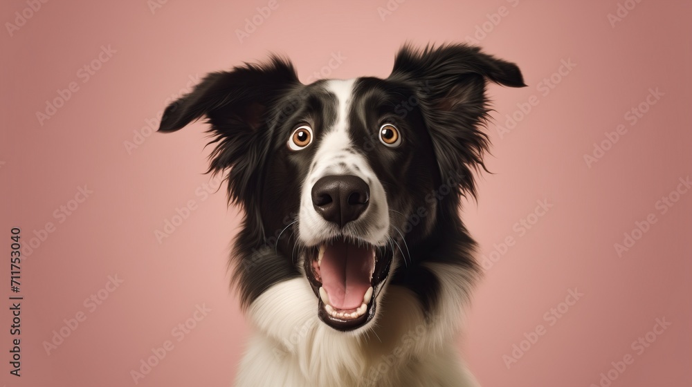 Black and White Border Collie with Striking Brown Eyes on Pink Background