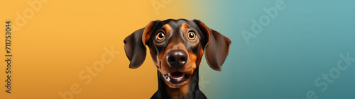 Joyful Black Dachshund Against Gradient Orange and Blue Background