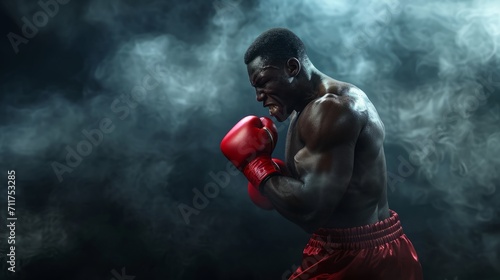 Intense boxer focused before a fight, shrouded in dramatic mist. Perfect for sports and motivation themes.
