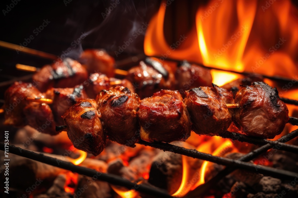 A mouthwatering close-up of sizzling meat on a stick, perfectly grilled to juicy perfection, ready to be devoured, grilled meat skewers on the bbq rack with flames and sparks, AI Generated