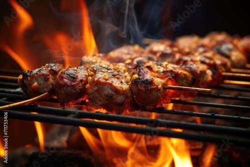 A mouth-watering close-up image showcasing perfectly cooked meat on a grill, with flames adding a sizzling touch, grilled meat skewers on the bbq rack with flames and sparks, AI Generated