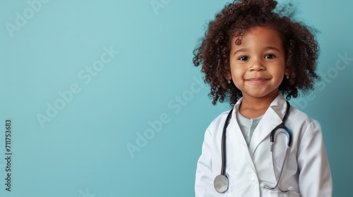 Adorable child in doctor coat with stethoscope, future career, healthcare concept, blue background.