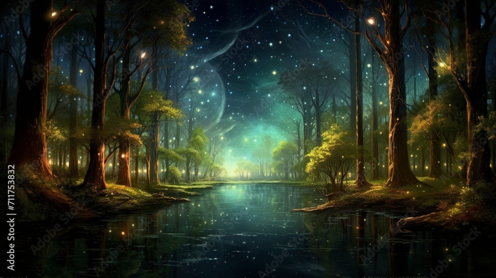 A mystical forest with glowing fireflies illuminating the trees under a starry night sky, evoking the enchanting ambiance of a nighttime woodland - Generative AI