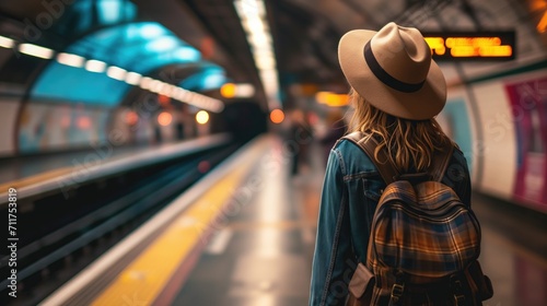 Rear view of young female backpacker stand on platform waiting subway train in underground station. woman tourist watch metro, generative ai