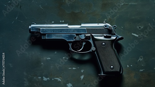 A solitary handgun lies on a weathered surface, invoking themes of danger, power, and the haunting legacy of violence.