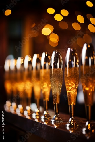 A Row of Elegant Champagne Glasses on a Polished Table