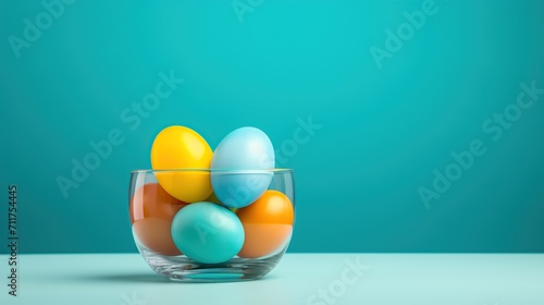 A minimalist display featuring pastel-colored Easter eggs in a transparent glass bowl against a serene turquoise backdrop, creating a modern twist on traditional Easter decor.