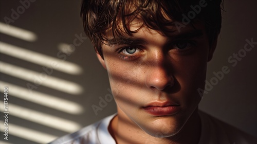 Intense young man with striking eyes in dramatic shadow light photo
