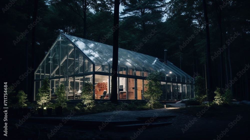 A modern glasshouse nestled in a tranquil forest setting at dusk, the warm glow of the interior inviting a sense of peace and harmony with nature. A modern glasshouse nestled in a tranquil forest setting at dusk, the warm glow of the interior inviting a sense of peace and harmony with nature.