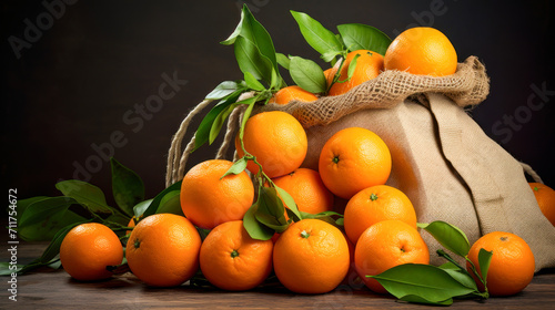 A large number of orange tangerines in a bag made of natural fabric on a plain background.