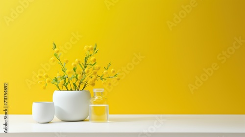 A minimalist composition with vibrant yellow blossoms in a white vase, accompanied by wellness products, set against a bright yellow backdrop, evoking a sense of freshness and spring vitality.
