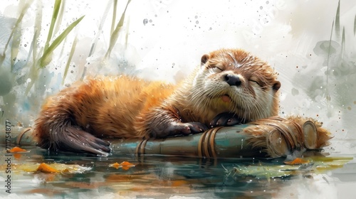  a painting of an otter laying on top of a bamboo stick in a body of water with grass in the background. photo