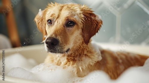 A cute dog takes a bubble bath advertising pet care. Created with Generative Ai technology.