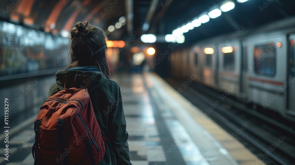 Back view of young female backpacker stand on platform waiting subway train in underground station. woman tourist watch metro, generative ai Back view of young female backpacker stand on platform waiting subway train in underground station. woman tourist watch metro, generative ai