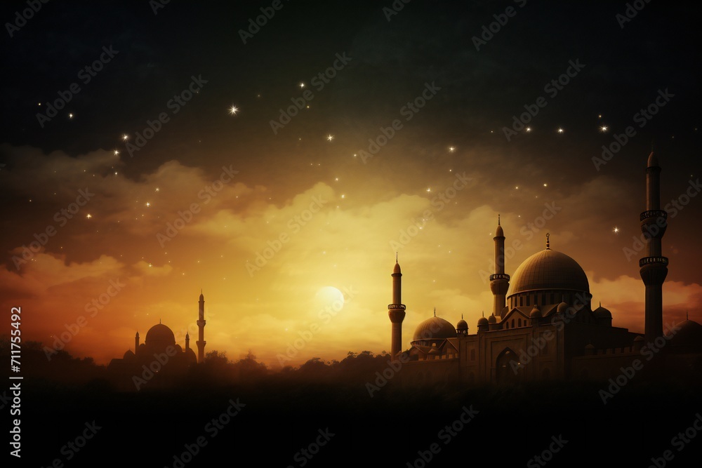 Ramadan Kareem religious scene with mosque in the distance Generative Ai