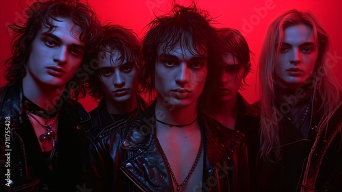 Edgy rock band members in leather jackets under red neon light