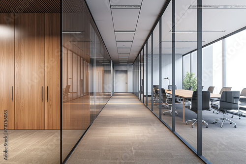 Modern office hallway with glass wall boardroom photo