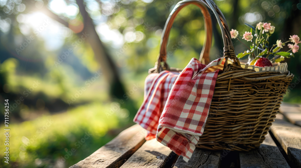 Wicker picnic basket with a red and white checkered cloth on it, set on a grassy field with dappled sunlight filtering through the trees. Wicker picnic basket with a red and white checkered cloth on it, set on a grassy field with dappled sunlight filtering through the trees.