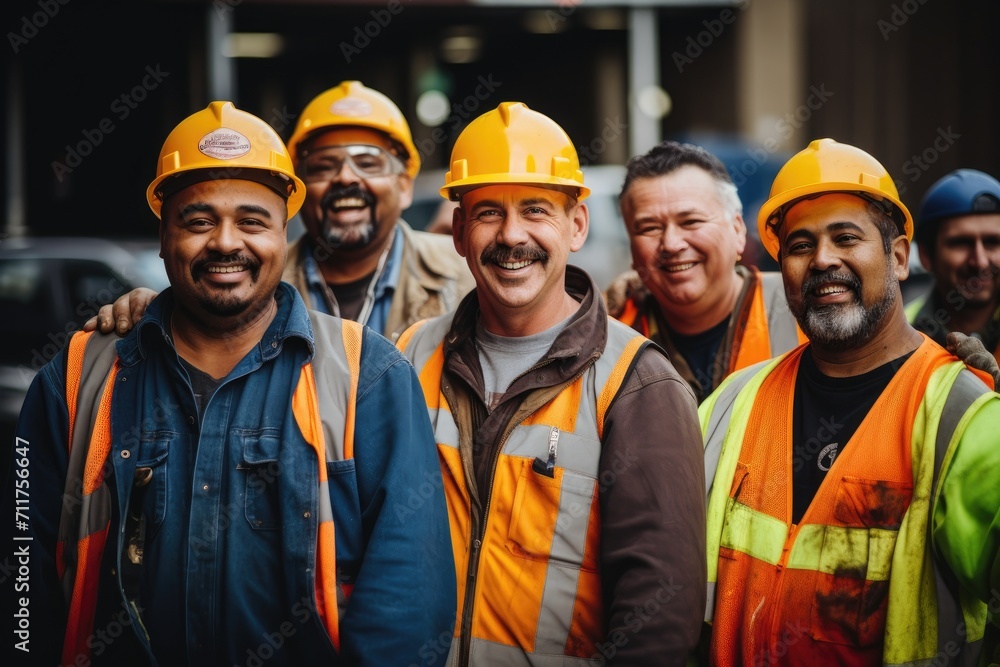 A diverse group of men, standing side by side, demonstrating unity and the power of teamwork, group of smiling construction workers wearing uniforms, AI Generated A diverse group of men, standing side by side, demonstrating unity and the power of teamwork, group of smiling construction workers wearing uniforms, AI Generated