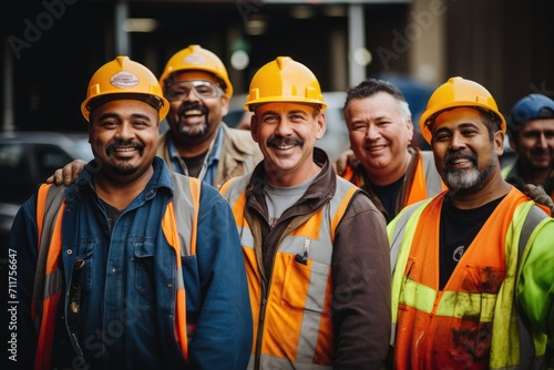 A diverse group of men, standing side by side, demonstrating unity and the power of teamwork, group of smiling construction workers wearing uniforms, AI Generated