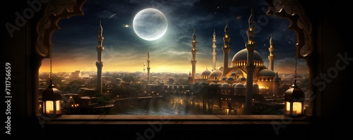 Foto Ramadan Kareem religious scene with mosque in the distance Generative Ai