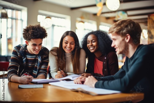 A diverse group of young individuals gathered around a table, actively participating in discussions and social interactions, group of students talking and writing at school, AI Generated photo