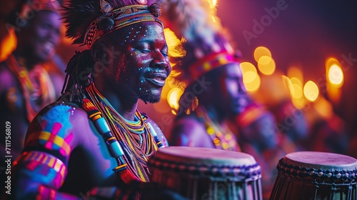 Obraz na płótnie Traditional african drummers performing at night with vibrant body paint