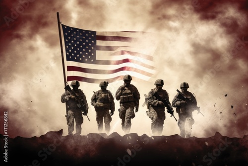A united group of soldiers stands proudly in front of an American flag, showcasing their patriotism, group of us army soldiers over us flag, AI Generated