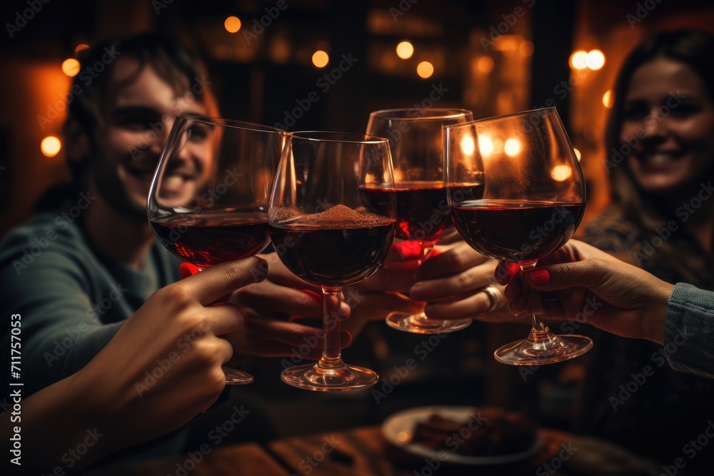 A joyful group of diverse individuals raising their wine glasses in celebration, Group of young adult best friends having fun toasting a red wine glasses, AI Generated