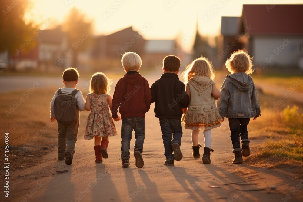 Obraz premium A group of children walking together down a dirt road, enjoying a day outdoors, Group of young children walking together in friendship, AI Generated