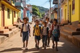 A group of young children walking down a street together, holding hands and chatting happily, group of young Brazilian children walking down a street on their way to school, AI Generated