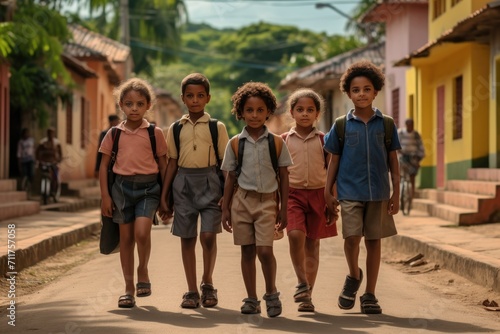 A group of young children walking together along a busy street in a city, group of young Brazilian children walking down a street on their way to school, AI Generated