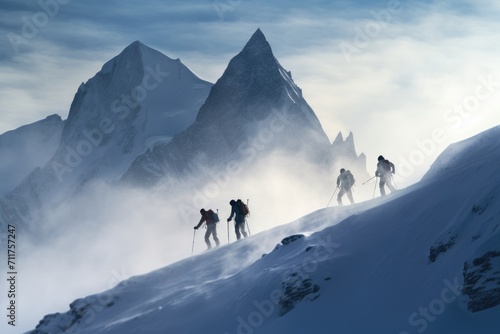 A group of individuals climbing up the side of a snowy mountain, Group of young skiers in the Alps mountains, AI Generated © Iftikhar alam