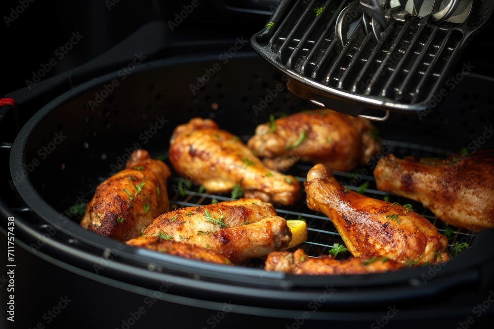 A mouthwatering close-up photo of juicy chicken grilling on a barbecue, ready to be savored, Hand Grilling Chicken Drumsticks In An Airfryer, AI Generated A mouthwatering close-up photo of juicy chicken grilling on a barbecue, ready to be savored, Hand Grilling Chicken Drumsticks In An Airfryer, AI Generated