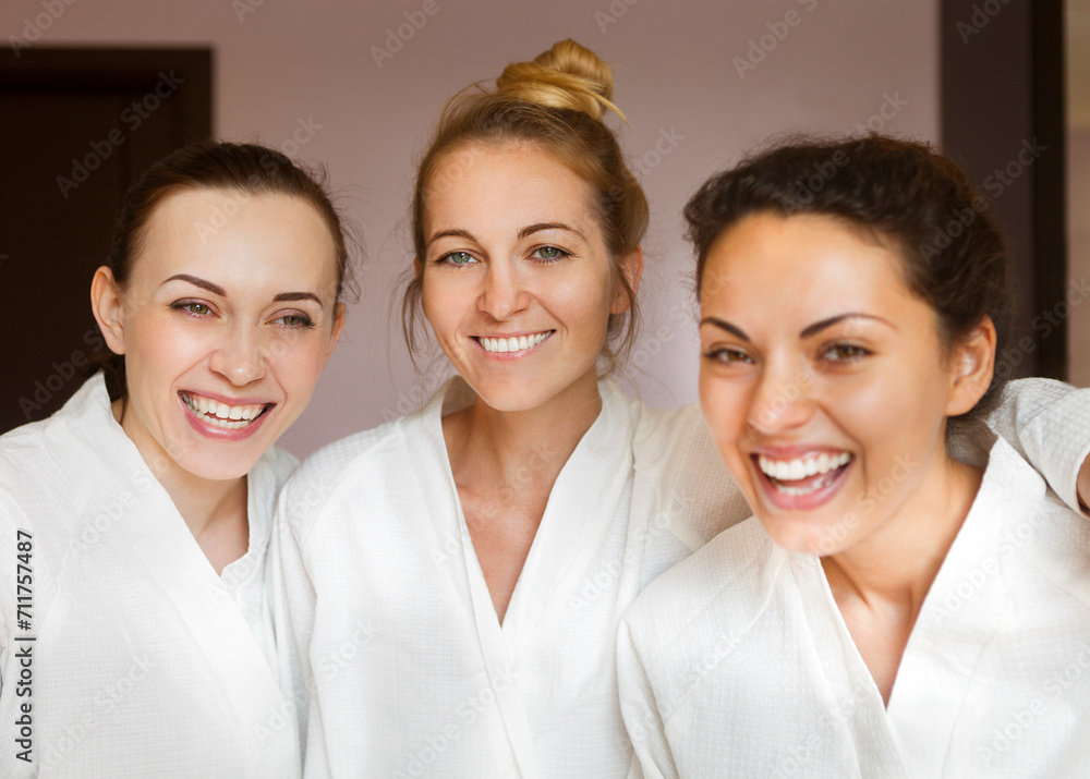 Three young happy women at spa resort Three young happy women at spa resort