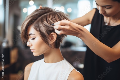 A woman expertly cutting another womans hair in a salon, professionally transforming her hairstyle, hairdresser cutting short brunette hair of female client, AI Generated