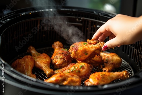 A person is grilling chicken on a barbecue grill, preparing a delicious meal in the comfort of their own backyard, Hand Grilling Chicken Drumsticks In An Airfryer, AI Generated