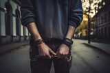 A man standing on a city street while keeping his hands comfortably placed in his pockets, Handcuffs, crime and police with man criminal outdoors for arrested, AI Generated