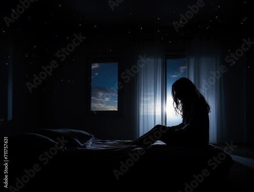 Silhouette sad woman suffering depression insomnia awake and sit alone on the bed in bedroom. 