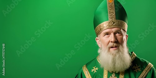 Portrait of an elderly Caucasian man in green bishop's vestments against a green wall. The concept of Saint Patrick's Day. photo