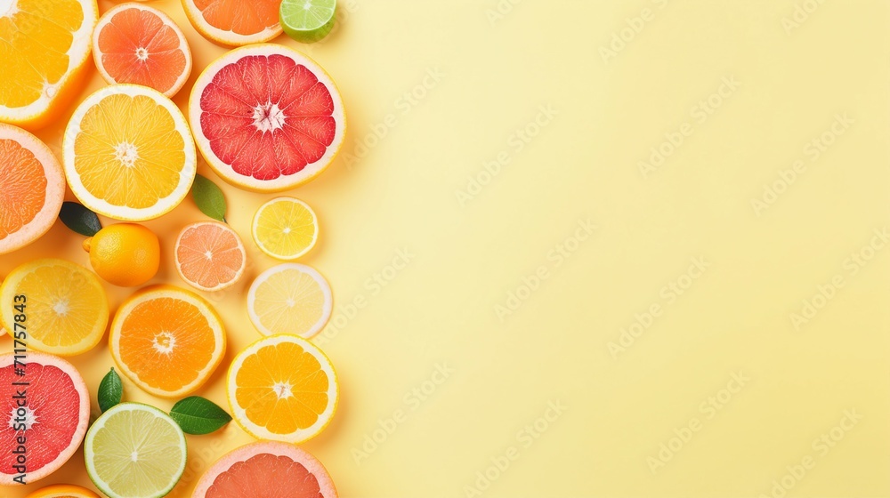 Vibrant Citrus Fruits Flatlay on Illuminating Pantone Background - Fresh Grapefruit, Lemon, Mandarin, and Orange Arrangement for Summer Microstock Vibrant Citrus Fruits Flatlay on Illuminating Pantone Background - Fresh Grapefruit, Lemon, Mandarin, and Orange Arrangement for Summer Microstock