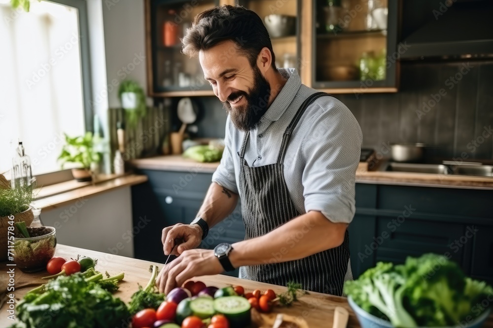 Man in Apron Expertly Chopping Vegetables on Cutting Board, Handsome happy bearded man is preparing wonderful fresh vegan salad in the kitchen at home, AI Generated